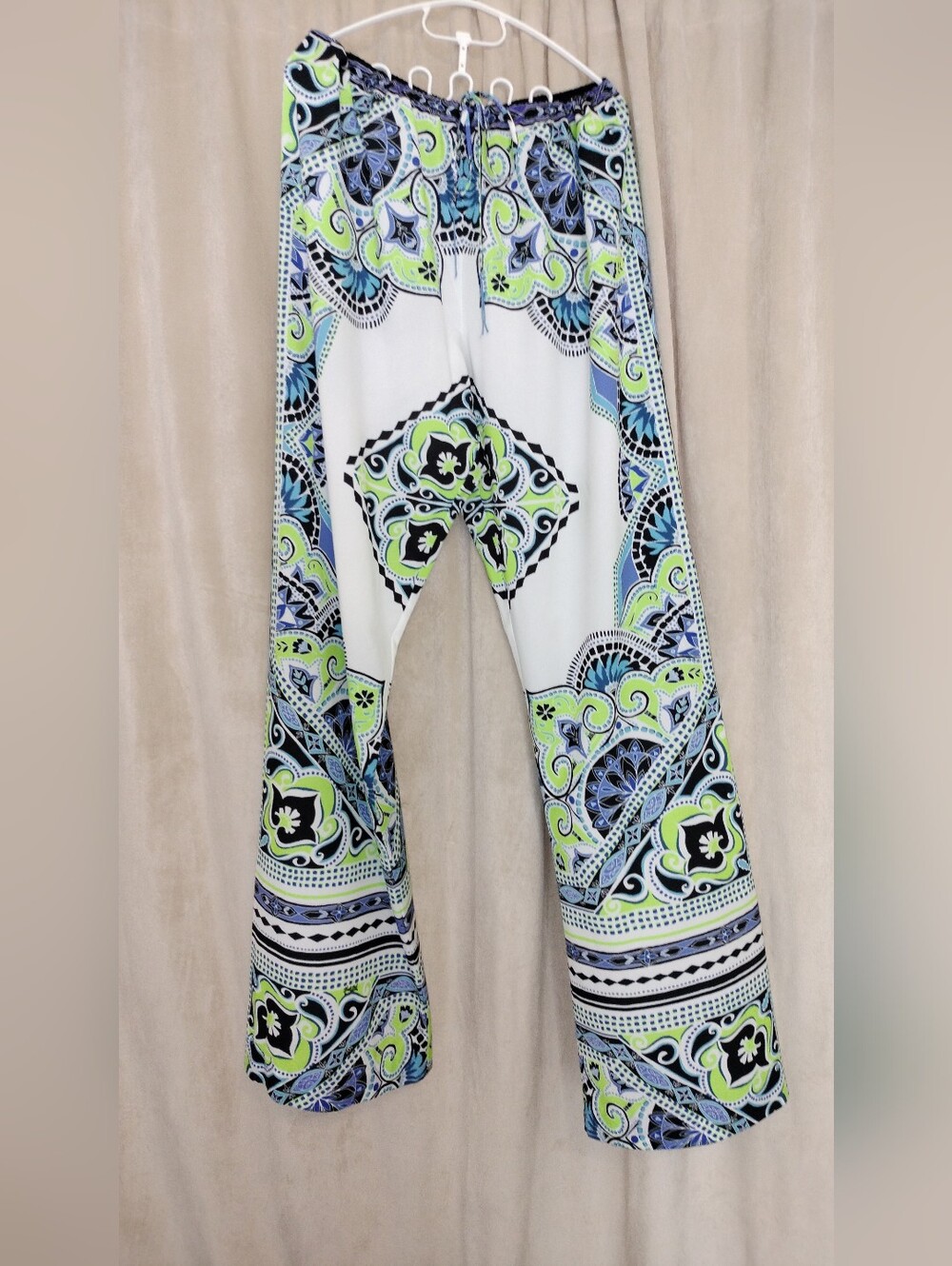 Hale Bob Aspen Crepe de Chine Drawstring Pants in Vibrant Green & Blue. Size M